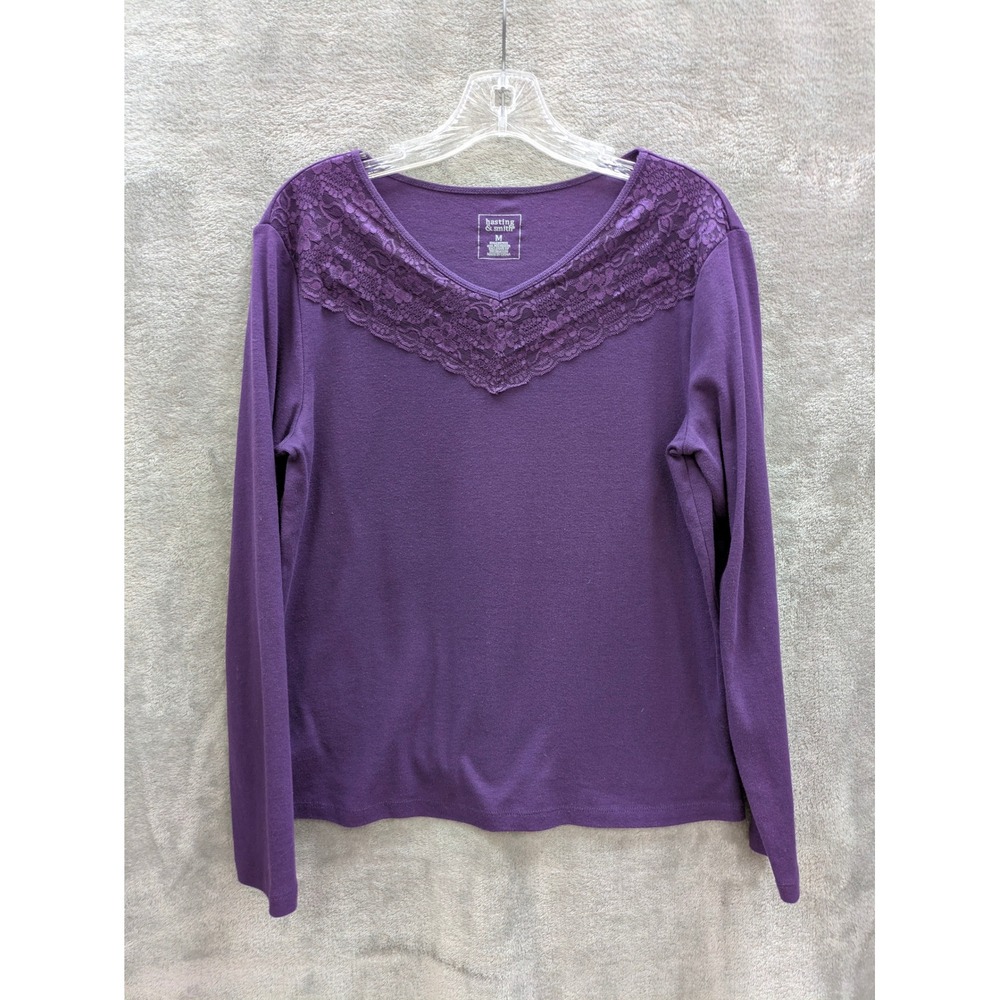 Purple‎ Long Sleeve Top Womens Medium Lace Trim Vneck Neck Minimalist